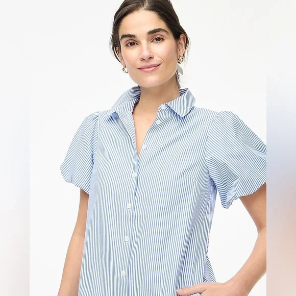 J. Crew Striped Bubble-Sleeve Button-Front Shirt Dress - Size 14 - Picture 2 of 14